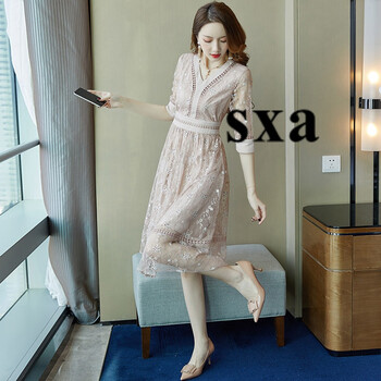 SXA 純色 繡花，拼接，拉鏈，鏤空，蕾絲，紗網(wǎng) 連衣裙