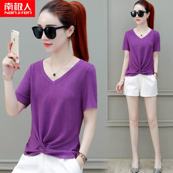 南極人 立體裝飾 短袖 T恤 女 V領(lǐng)