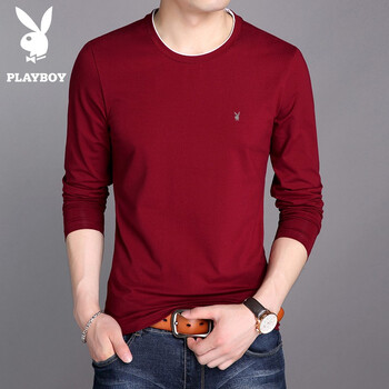 花花公子（PLAYBOY） 長(zhǎng)袖 男士T恤 不加絨酒紅色 