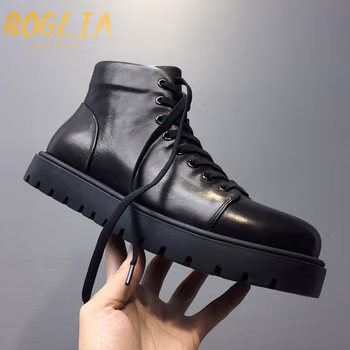 伯格利亚（BOGLIA）品牌工装靴男2022新款韩版高帮板鞋真皮英伦风马丁靴休闲皮鞋 经典黑 41