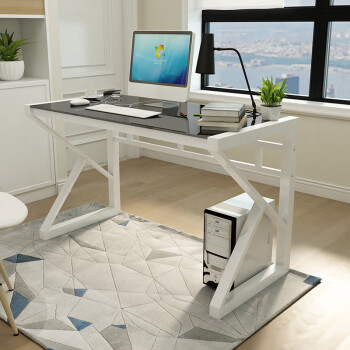 素宅 电脑桌 现代简约钢化玻璃书桌加粗加厚大号钢架学习桌子 K型120*60CM白色款SZ8155Z