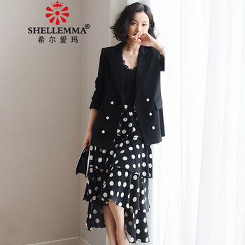 希爾愛瑪（SHELLEMMA） 圓點(diǎn) 口袋，不規(guī)則，紐扣，多口袋，立體裝飾 連衣裙