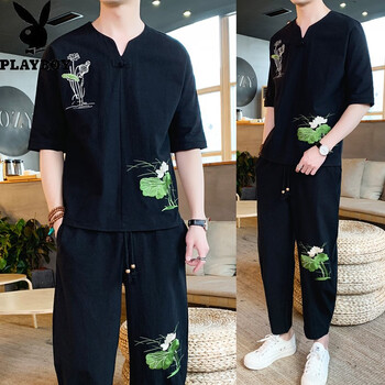 花花公子（PLAYBOY） 五分袖 男士T恤 TZ113黑色 