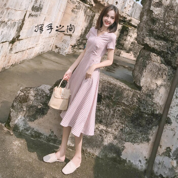 揮手之間 格子，純色 拉鏈 連衣裙