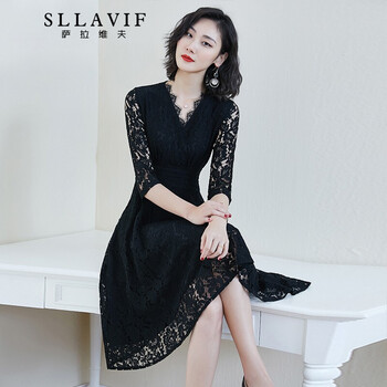 薩拉維夫（SLLAVIF） 純色 拼接，拉鏈，鏤空，蕾絲 連衣裙