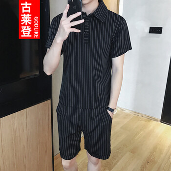 古萊登（GODLIKE） 短袖 男士T恤 黑色條紋短褲套裝 