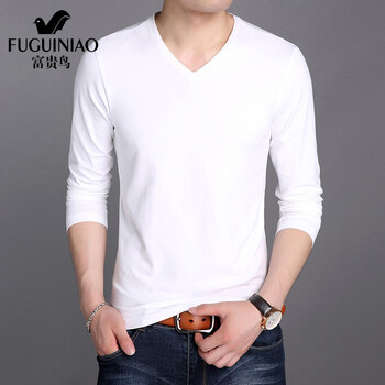 富貴鳥（FUGUINIAO） 長(zhǎng)袖 男士T恤 V領(lǐng)白色 