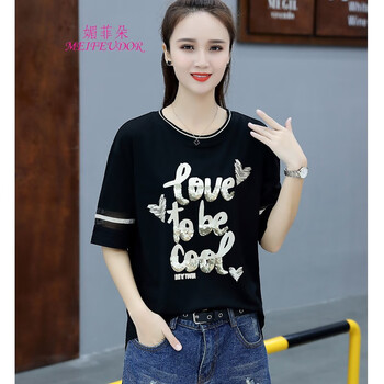 媚菲朵（MEIFEIDOR） 亮片，立體裁剪，紗網(wǎng) 短袖 T恤 女 圓領(lǐng)