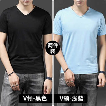 賓色（BINSE） 短袖 男士T恤 V領(lǐng)黑 V領(lǐng)淺藍(lán)(雙件) 