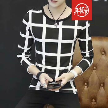 尊尚鳥(niǎo)（ZunshangniaO） 長(cháng)袖 男士T恤 格子長(cháng)袖黑色 