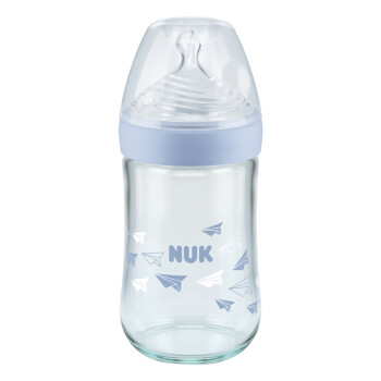 NUK自然母感超宽口径玻璃奶瓶婴儿宝宝奶瓶240ml配防胀气硅胶奶嘴（6个月以上中号）（蓝色）【德国进口】