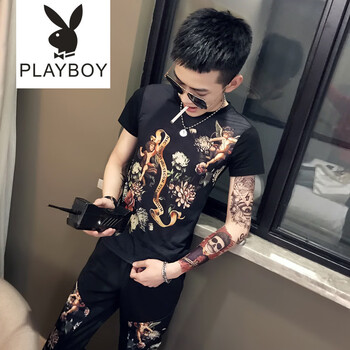 花花公子（PLAYBOY） 短袖 男士T恤 黑色TZ403 