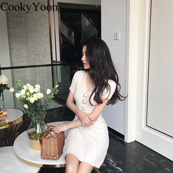 CookyYoon 純色 深V款，紐扣，綁帶，褶皺，蝴蝶結(jié) 連衣裙