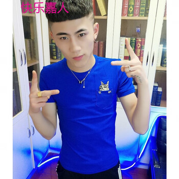 快樂(lè)嘉人 短袖 男士T恤 口袋貓藍(lán)色 
