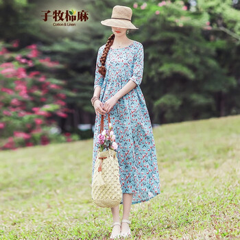 子牧棉麻 碎花 印花 連衣裙