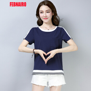 FEBNAIRO 口袋，開(kāi)衩，條紋 短袖 T恤 女 圓領(lǐng)