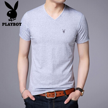 花花公子（PLAYBOY） 長(cháng)袖 男士T恤 灰色V領(lǐng)   