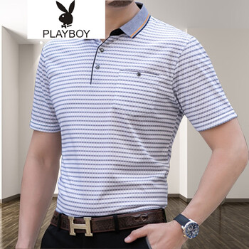 花花公子（PLAYBOY ESTABLISHED 1953） 短袖 男士T恤 藍條(有口袋) 