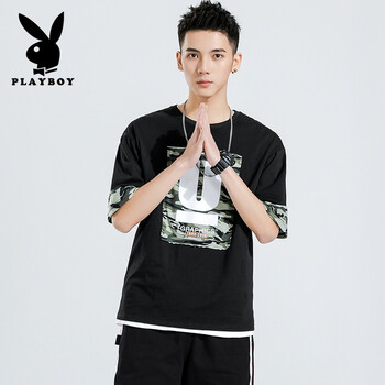 花花公子（PLAYBOY ESTABLISHED 1953） 五分袖 男士T恤 3007黑色 