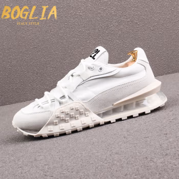 伯格利亚（BOGLIA）品牌增高鞋男2022新款气垫小白鞋休闲运动鞋真皮老爹鞋男阿甘鞋 白色 标准皮鞋码   41