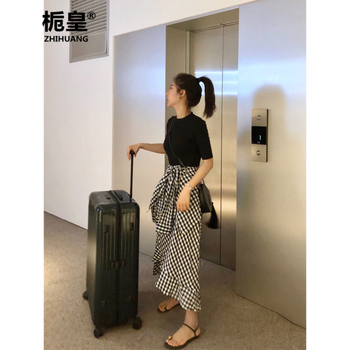 秋冬格子短袖連衣裙
