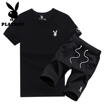 花花公子（PLAYBOY） 短袖 男士T恤 黑t黑褲 
