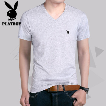花花公子（PLAYBOY ESTABLISHED 1953） 短袖 男士T恤 灰色(V領(lǐng)) 