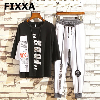 FIXXA 五分袖 男士T恤 黑衣灰褲 
