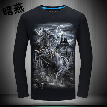 暗燕 長(zhǎng)袖 男士T恤 黑色 獨(dú)角獸 S，4XL，5XL，L，M