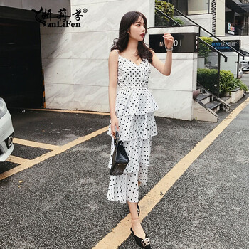 妍莉芬（yanlifen） 圓點(diǎn) 荷葉邊，拼接，拉鏈，印花 連衣裙