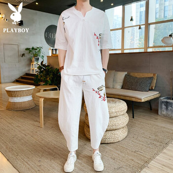 花花公子（PLAYBOY） 五分袖 男士T恤 TZ110白色 