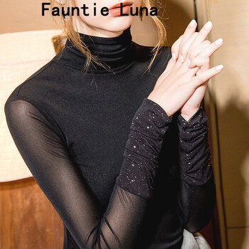 Fauntie Luna 亮片，拼接，紗網(wǎng) 短袖 T恤 女 高領(lǐng)
