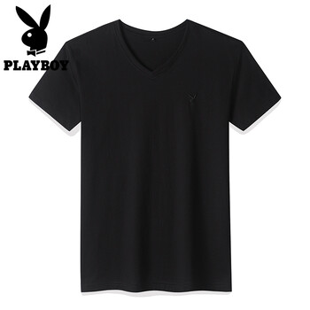 花花公子（PLAYBOY） 短袖 男士T恤 黑色（V領(lǐng)） 