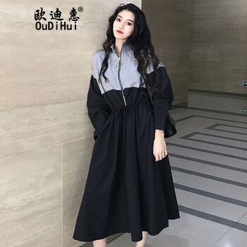 歐迪惠（Oudihui） 純色 口袋，拼接，拉鏈 連衣裙