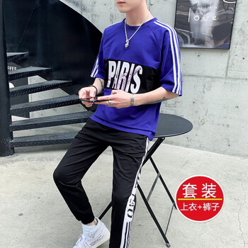 其他品牌 五分袖 男士T恤 藍色-TZ50 
