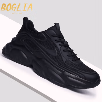伯格利亚（BOGLIA）品牌老爹鞋男2022新款透气潮流百搭休闲运动鞋男士网面增高鞋男 黑色 40