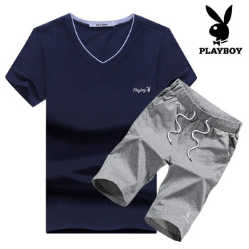 花花公子（PLAYBOY） 短袖 男士T恤 藍(lán)色上衣+灰色五分褲 