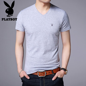 花花公子（PLAYBOY ESTABLISHED 1953） 短袖 男士T恤 灰色-V領(lǐng) 