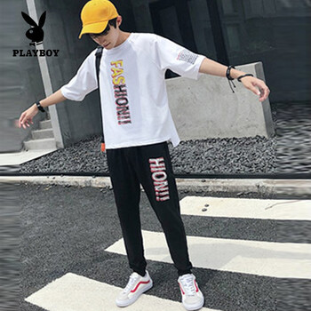 花花公子（PLAYBOY） 五分袖 男士T恤 白色D448 長褲 