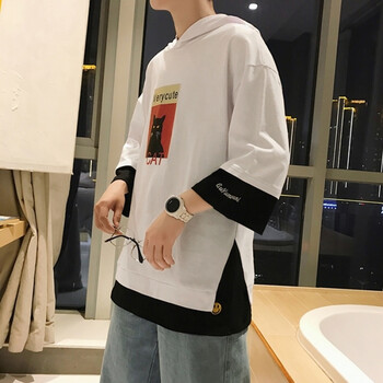 UYUK 五分袖 男士T恤 白色(連帽貓) 