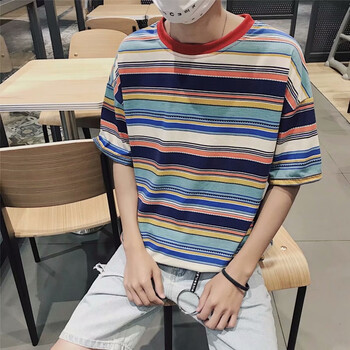 恒潮（HengChao） 五分袖 男士T恤 青色拼色條紋 