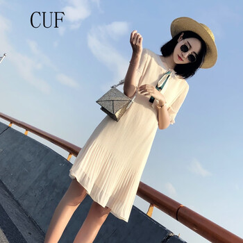 CUF 純色 荷葉邊，褶皺，綁帶，蝴蝶結(jié) 連衣裙