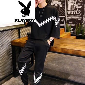 花花公子（PLAYBOY） 七分袖 男士T恤 D364-黑色 