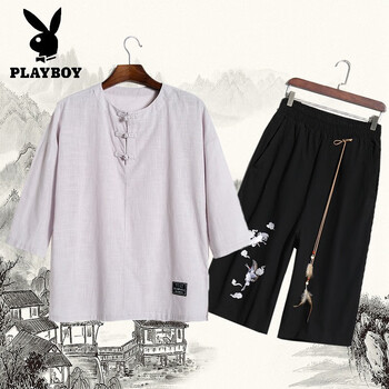 花花公子（PLAYBOY） 七分袖 男士T恤 灰衣黑褲 