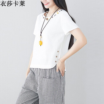 衣莎卡萊 繡花，紐扣 短袖 T恤 女 圓領(lǐng)