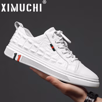 希慕驰XIMUCHI品牌 商务休闲鞋男 秋冬新款一脚蹬透气皮面小白鞋 鳄鱼纹板鞋时尚男鞋 白色(礼盒装） 38