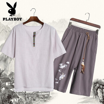 花花公子（PLAYBOY） 七分袖 男士T恤 灰+灰 