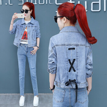 懿妙 翻領(lǐng) 長(cháng)袖 女 短外套 口袋，開(kāi)衩，做舊，明線(xiàn)裝飾，水洗