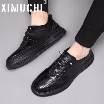 希慕驰XIMUCHI品牌 商务休闲鞋男 秋冬新款一脚蹬板鞋透气皮面鞋子男 运动单鞋时尚男鞋 黑色(礼盒装） 38
