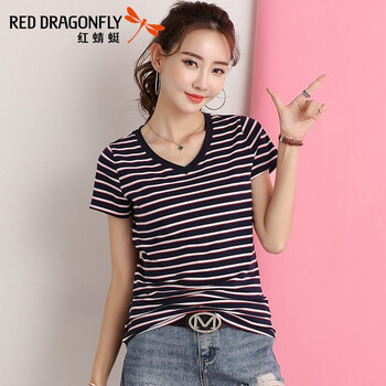 紅蜻蜓（RED DRAGONFLY） 拼接，拼色 短袖 T恤 女 V領(lǐng)